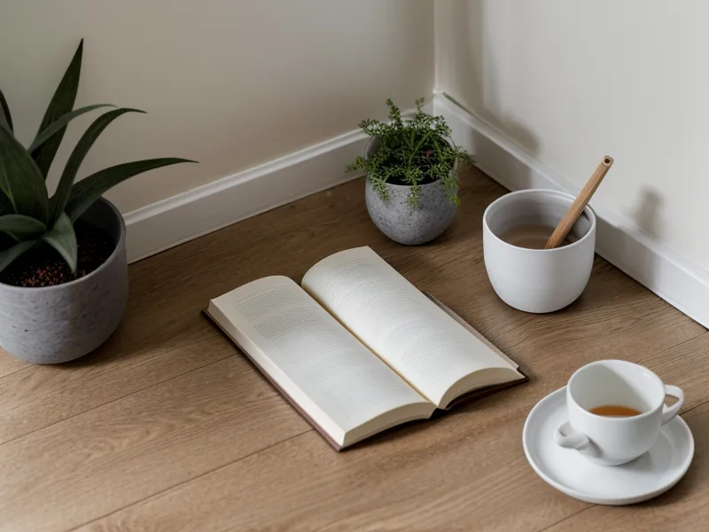 Achtsamkeit im Job beginnt zu Hause: Füße auf dem Eichenparkett während der täglichen Meditationspraxis in der Altbauwohnung