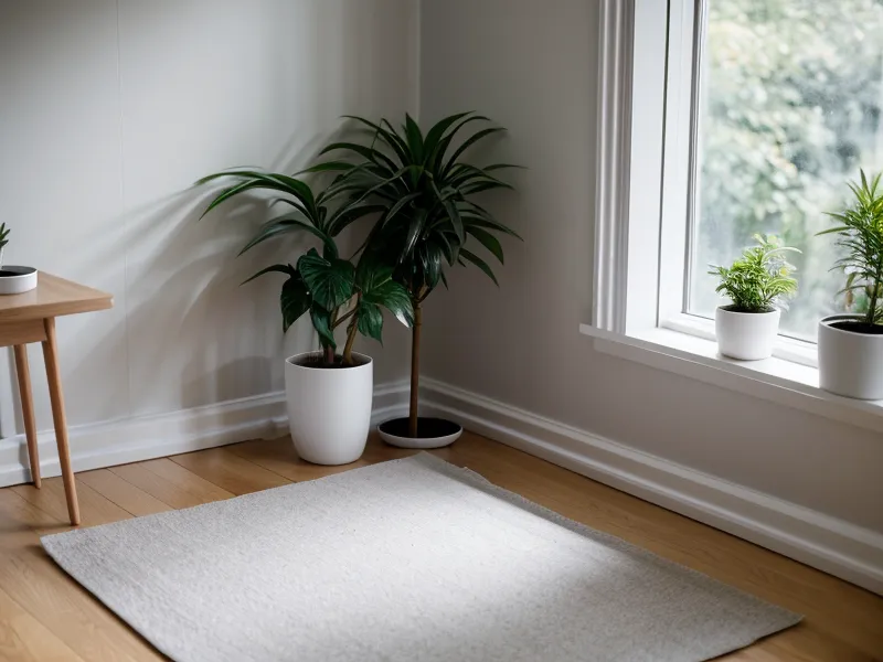 Achtsamkeit als kleiner Anker: barfüßiger Stand auf Holzdielen neben einem Meditationskissen in einer Düsseldorfer Wohnung.