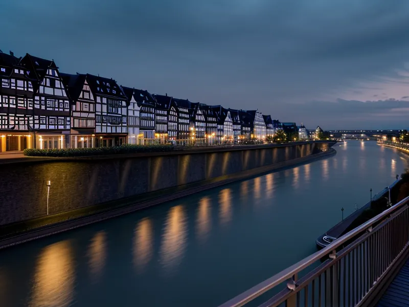 Blick auf den Rhein in Düsseldorf zur blauen Stunde – Ort für Achtsamkeit nach einem Tag im Job