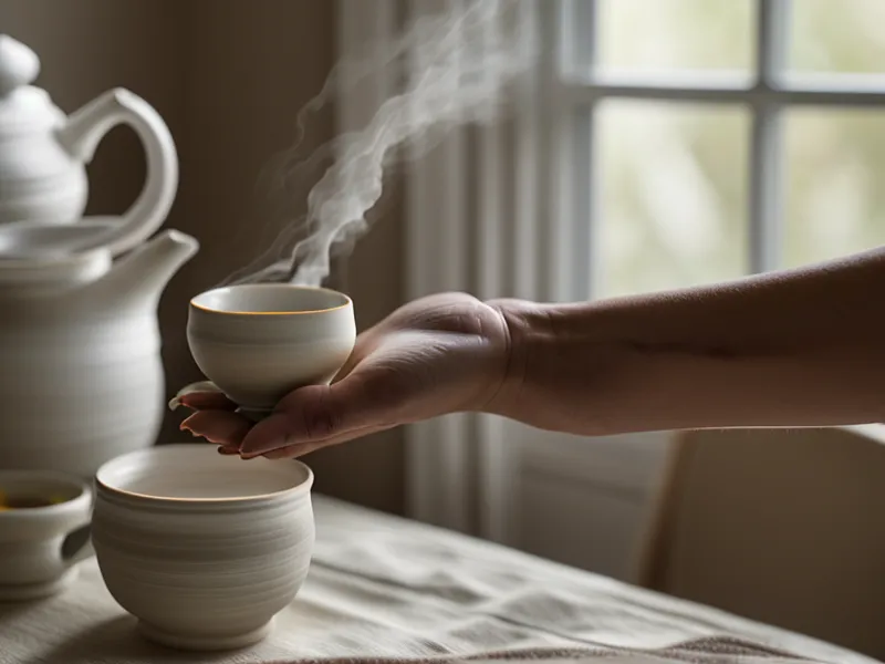 Meditation nach Burnout: Hand mit Teetasse auf dem Meditationskissen als Ritual vor der Drachenenergie-Übung