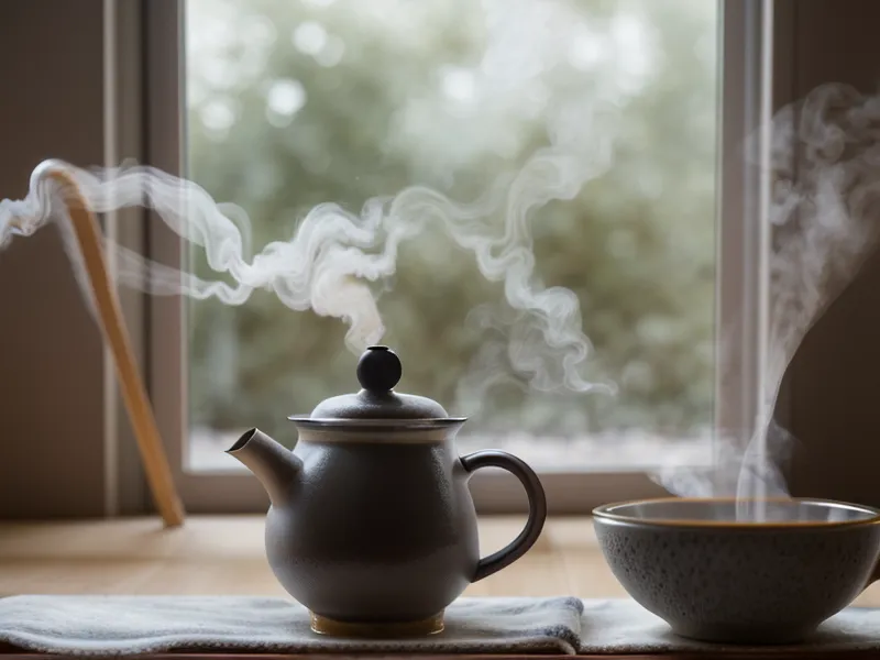 Dampfende Tasse Tee neben einem Skizzenbuch – kleine Pause für energetischen Schutz im Büroalltag