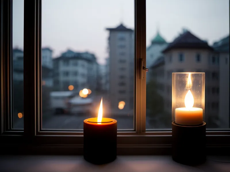 Blick auf die Lichter von Düsseldorf bei Dämmerung mit brennender Kerze – Moment der Ruhe nach einem Tag mit energetischem Schutz im Großraumbüro