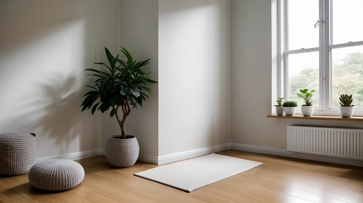 Geführte Meditationen für mentale Gesundheit nach dem Burnout richtig nutzen – ruhige Sitzecke für die tägliche Meditationspraxis