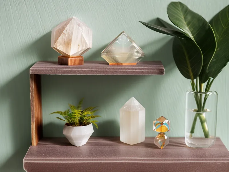Minimalistisch gestaltetes Regal mit spirituellen Büchern und einem Heilstein als Rückzugsort für Meditation und Burnout-Erholung