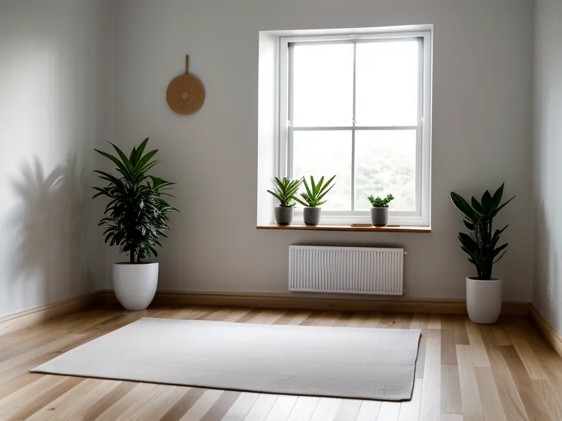Zusammengerollte Meditationsmatte aus Jute im Altbauzimmer der Carlstadt, Symbol für die tägliche Meditationsroutine