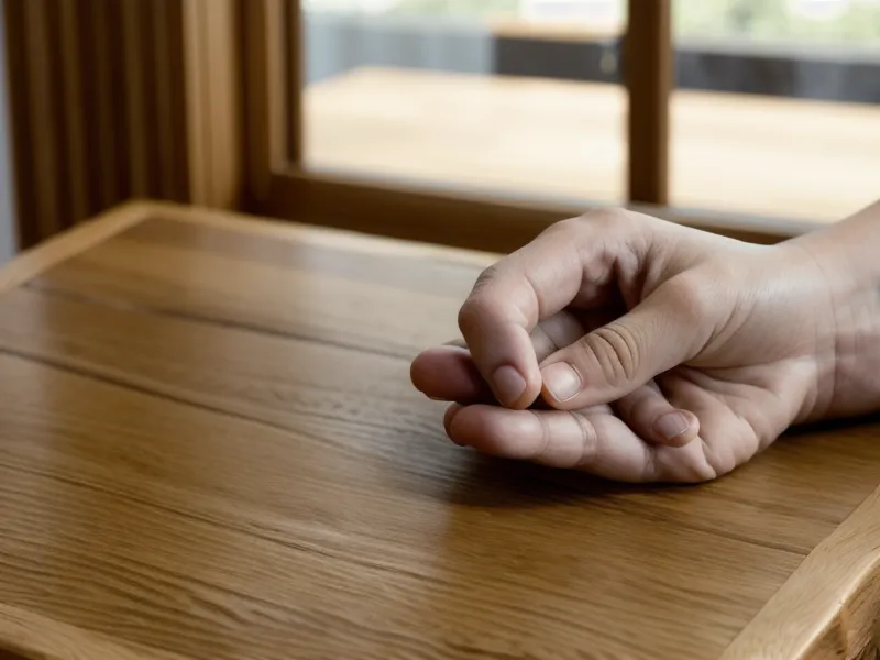 Eine Hand liegt ruhig und fest auf einem Holztisch – Symbolbild für innere Präsenz und Drachenenergie im Berufsalltag