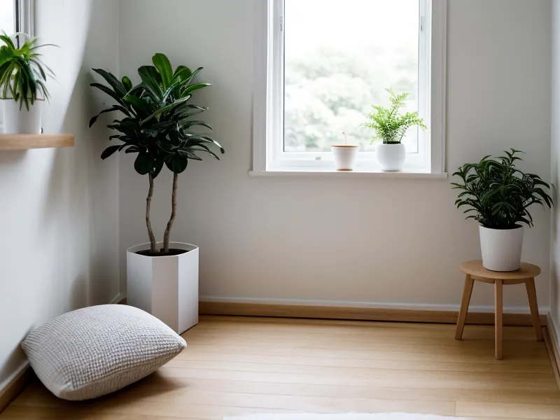 Graues Meditationskissen auf hellem Parkettboden als Ausgangspunkt der täglichen Meditation nach Burnout in der Altbauwohnung