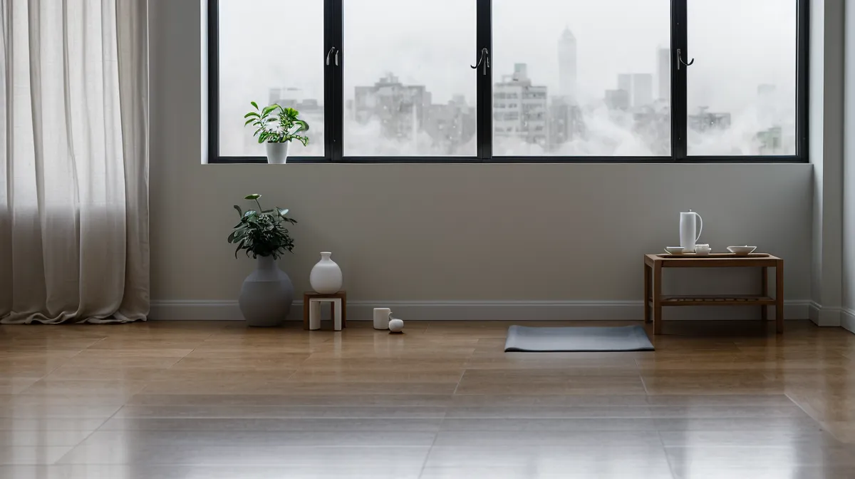 Meditation am Arbeitsplatz für UX-Designerinnen: kurze Achtsamkeitspause zwischen zwei Meetings in einer Düsseldorfer Agentur