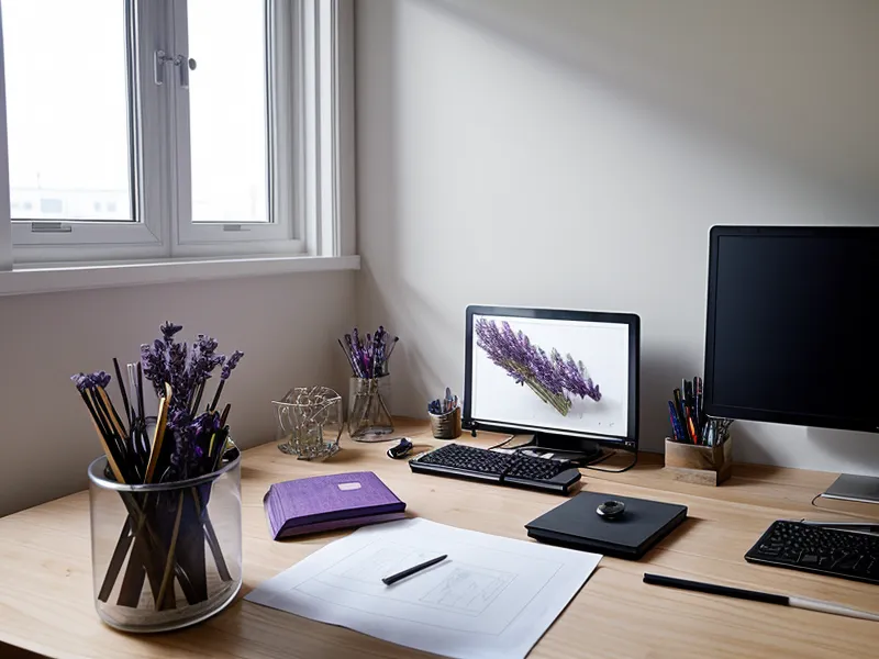Schreibtisch mit Wireframes und einem Amethyst-Kristall, kleiner Gegenpol zur Achtsamkeit für berufstätige Frauen im UX-Alltag.