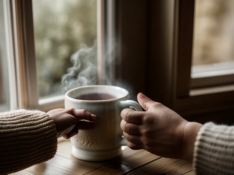 Warme Teetasse am Fenster mit Blick auf Düsseldorf Carlstadt, Abendritual zur Burnout-Erholung nach der Arbeit.