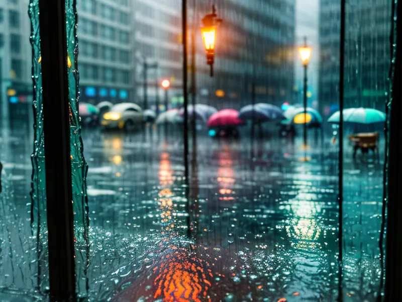 Blick aus dem Fenster der Carlstadt-Altbauwohnung auf eine regennasse Straße, Abendstimmung nach der Meditationspraxis