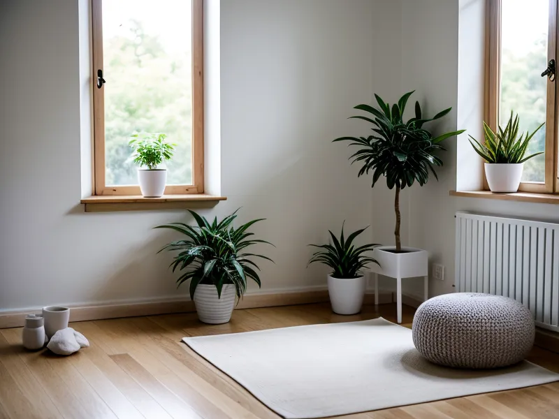 Eine weiße Teetasse und eine kleine Pflanze auf dem Fensterbrett vor dem Düsseldorfer Abendhimmel – ruhiger Moment nach der Meditation.